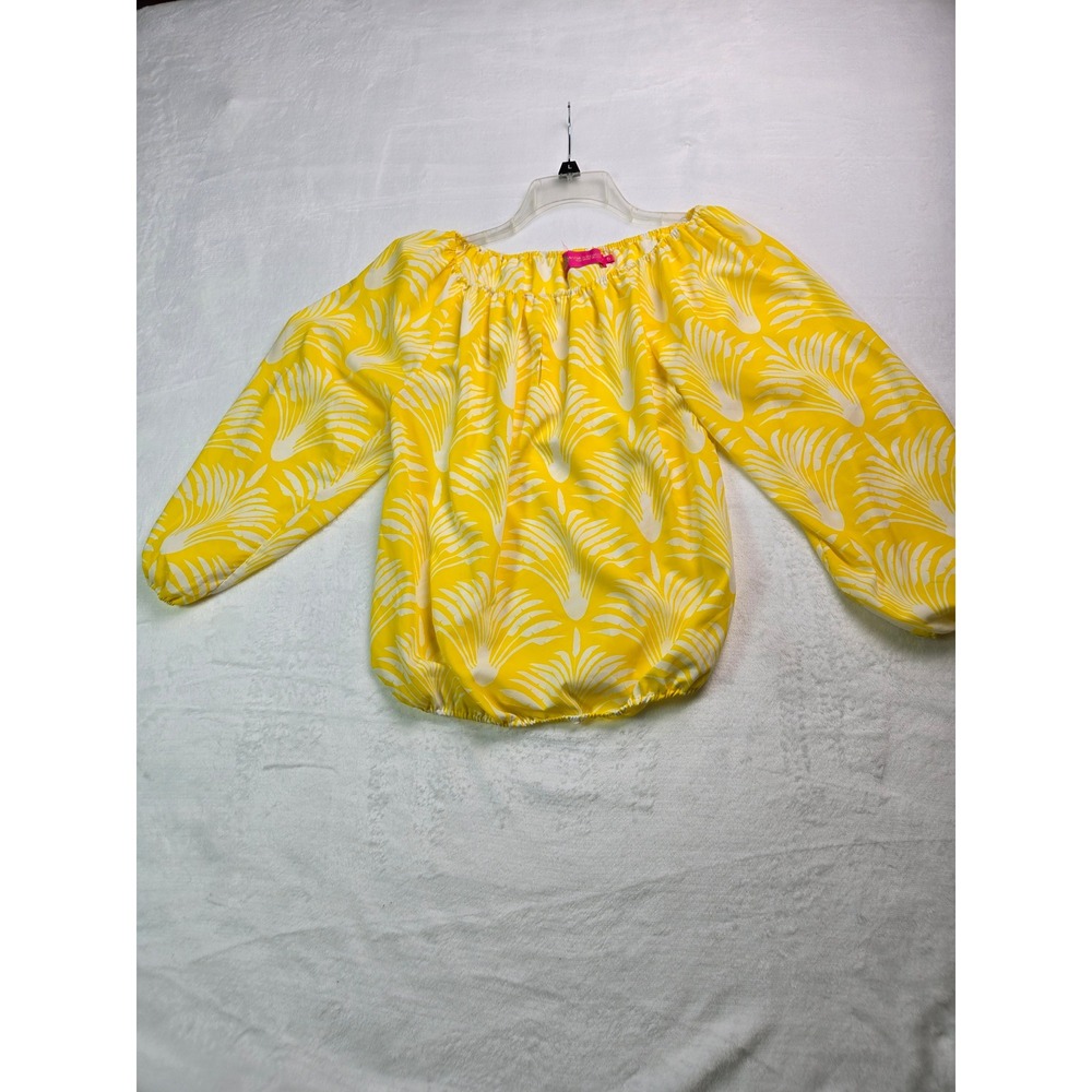 Macbeth Collection Yellow White Tropical Palm Off Shoulder Blouse Small